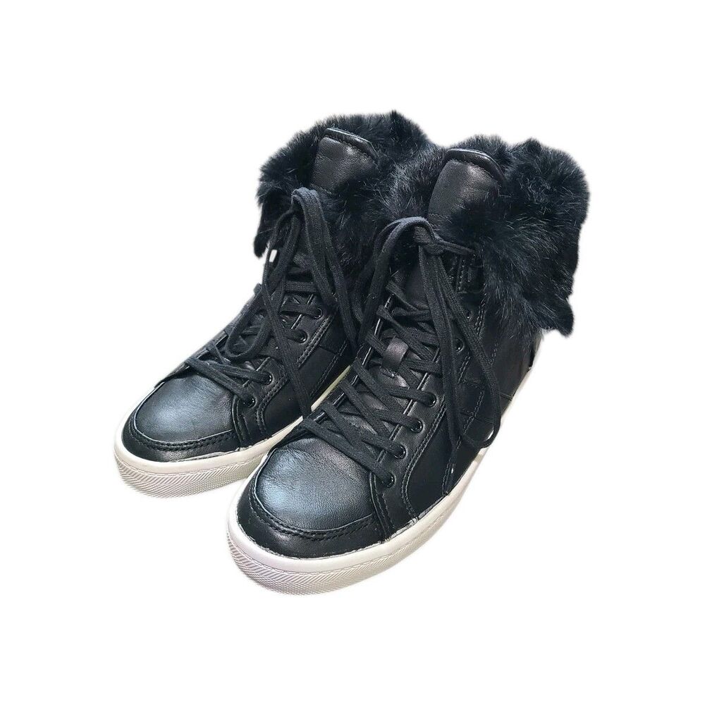 Rebecca Minkoff Womens Size 8M Black Leather Fur Collar High Top Sneakers Shoes